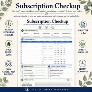 K&ouml;nnte beinhalten: Ein druckbares Subscription Checkup-Dokument mit einer Checkup-&Uuml;bersicht, einer Abonnementliste mit zehn Zeilen, einer Beobachtungsliste, Stornierungs- oder &Auml;nderungsaktionen sowie einem Abschnitt f&uuml;r Notizen und Einsparungen mit verschiedenen Symbolen.