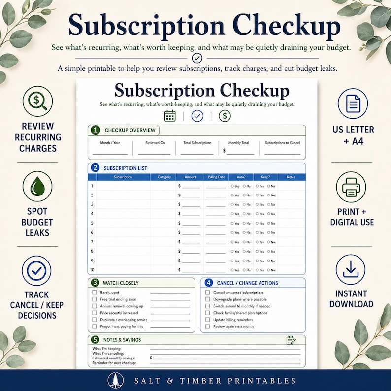 K&ouml;nnte beinhalten: Ein druckbares Subscription Checkup-Dokument mit einer Checkup-&Uuml;bersicht, einer Abonnementliste mit zehn Zeilen, einer Beobachtungsliste, Stornierungs- oder &Auml;nderungsaktionen sowie einem Abschnitt f&uuml;r Notizen und Einsparungen mit verschiedenen Symbolen.