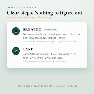 May include: A printable guide titled Clear steps. Nothing to figure out. It features two numbered sections: 1 BREATHE, detailing a breathing exercise, and 2 LAND, listing a sensory grounding technique. The text includes instructions for calming.