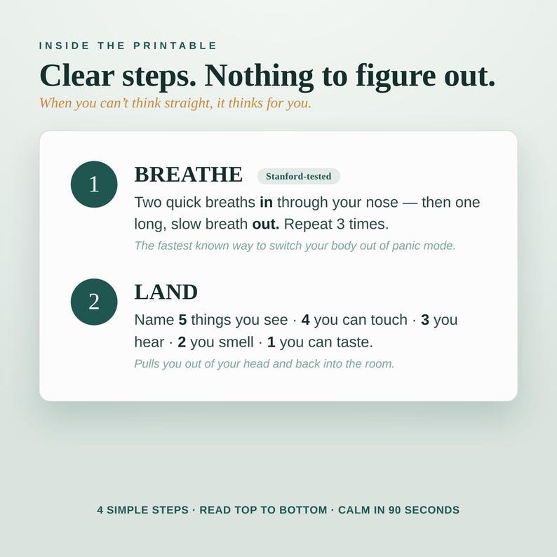 May include: A printable guide titled Clear steps. Nothing to figure out. It features two numbered sections: 1 BREATHE, detailing a breathing exercise, and 2 LAND, listing a sensory grounding technique. The text includes instructions for calming.