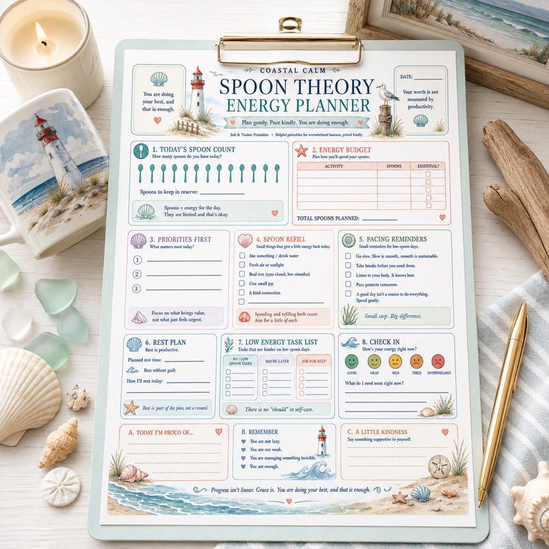 Puede incluir: Un planificador de energ&iacute;a Spoon Theory Coastal Calm impreso en una hoja blanca sujeta por un portapapeles dorado. El planificador incluye secciones para conteo de cucharas, presupuestos de energ&iacute;a, prioridades, descansos e ilustraciones de faros.