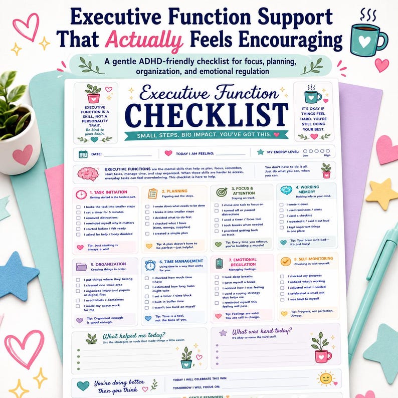 Executive Function Checklist Printable, ADHD Daily Support Worksheet, Focus Planning Organization and Emotional Regulation image 2