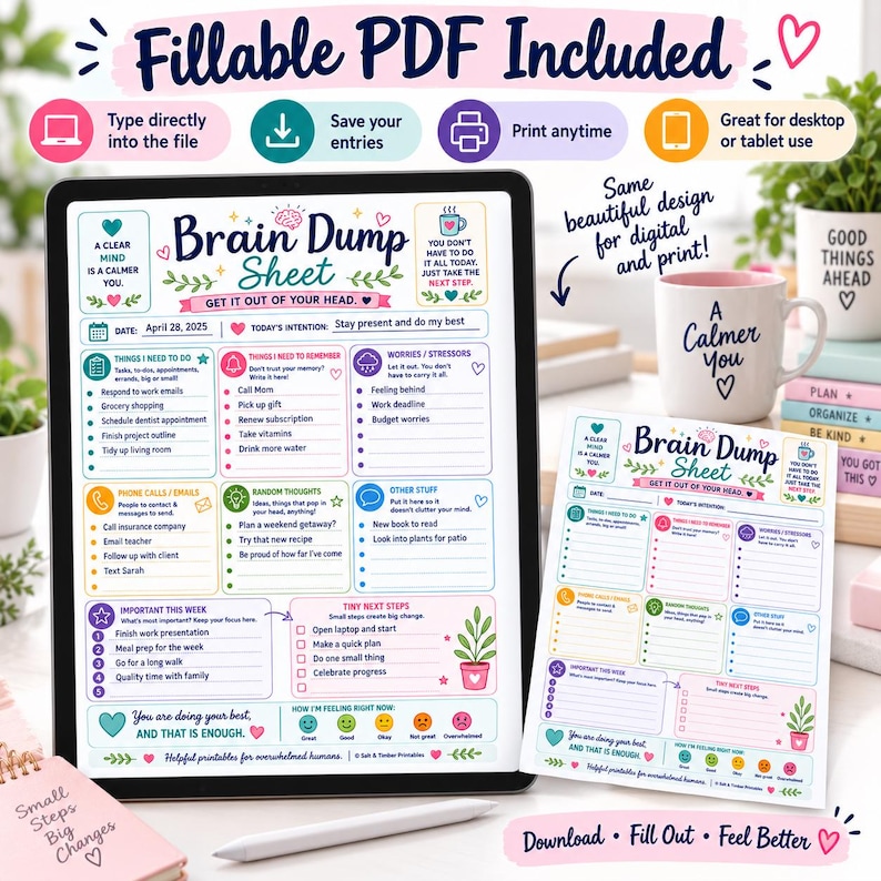 ADHD Brain Dump Planner Printable | Organize Thoughts, Tasks, Worries (Fillable PDF) bild 3