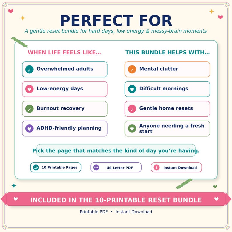May include: A digital information graphic titled PERFECT FOR, featuring a gentle reset bundle for hard days. It lists scenarios like overwhelmed adults and low-energy days, and benefits like mental clutter and difficult mornings. Includes 10 printable pages.