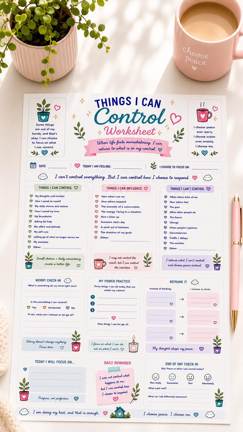 Things I Can Control Worksheet | Anxiety Relief & Mental Wellness Planner (Digital Download) image 7