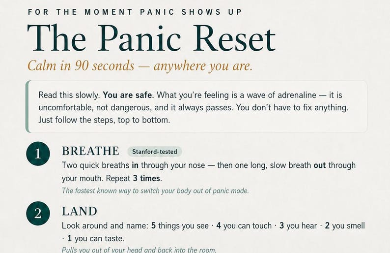 May include: A white informational card titled The Panic Reset, featuring dark green text and numbered steps. It provides instructions to calm down in 90 seconds, including breathing techniques and a sensory grounding exercise to help manage adrenaline.