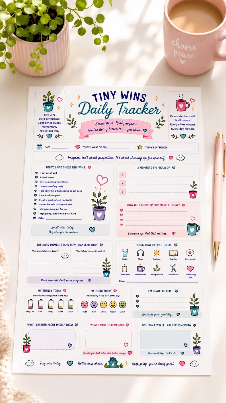May include: A white paper daily tracker sheet titled Tiny Wins Daily Tracker with colorful illustrations of potted plants and mugs. The layout includes sections for date, intentions, mood, energy, gratitude, and reflections with various heart icons.