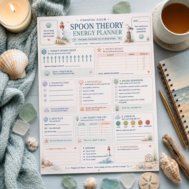Puede incluir: Una hoja de planificador de energ&iacute;a Coastal Calm Spoon Theory con ilustraciones de un faro, una gaviota y conchas marinas. El documento incluye secciones para conteo diario, presupuestos de energ&iacute;a, prioridades y recordatorios.