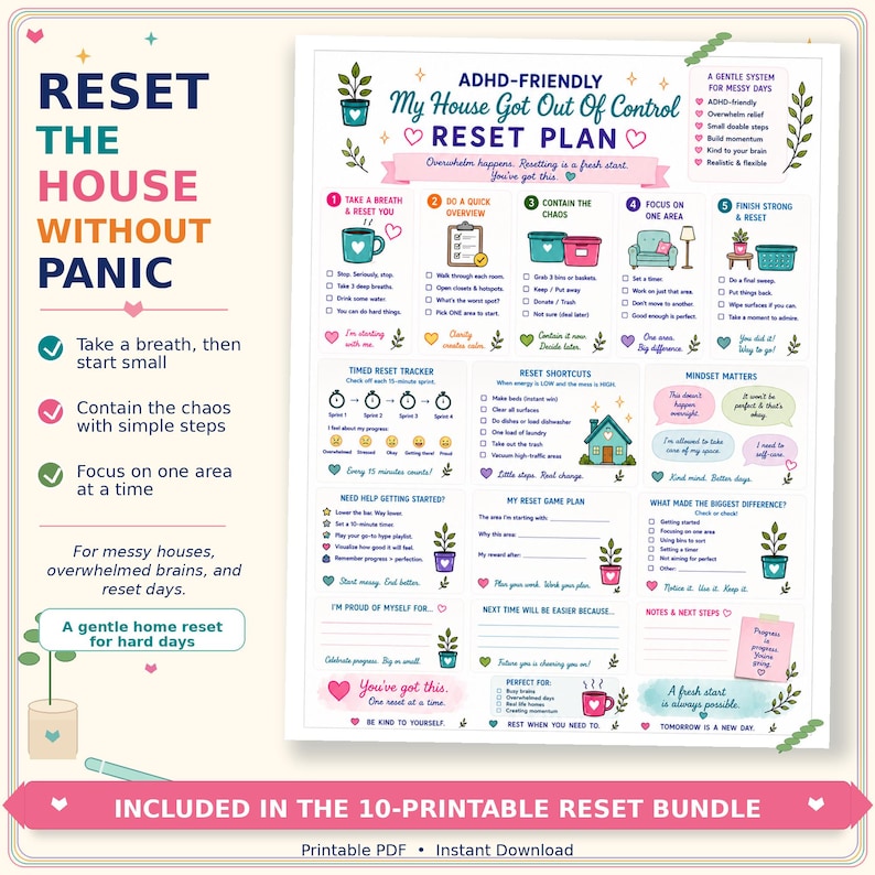 May include: A printable ADHD-friendly house reset plan document featuring a five-step guide, a timed reset tracker, and various checklists. The design includes colourful icons of plants, hearts, and household items with text instructions for organising.