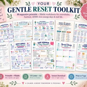 Può includere: Un kit di strumenti digitale intitolato Your Gentle Reset Toolkit che include 10 fogli di lavoro stampabili e compilabili per il supporto mentale. La collezione include pianificatori per il burnout, l'umore, l'energia e liste di brain dump.