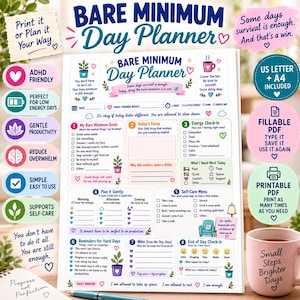 Bare Minimum Daily Planner | Large Print ADHD, Burnout, Low Energy (Fillable PDF)