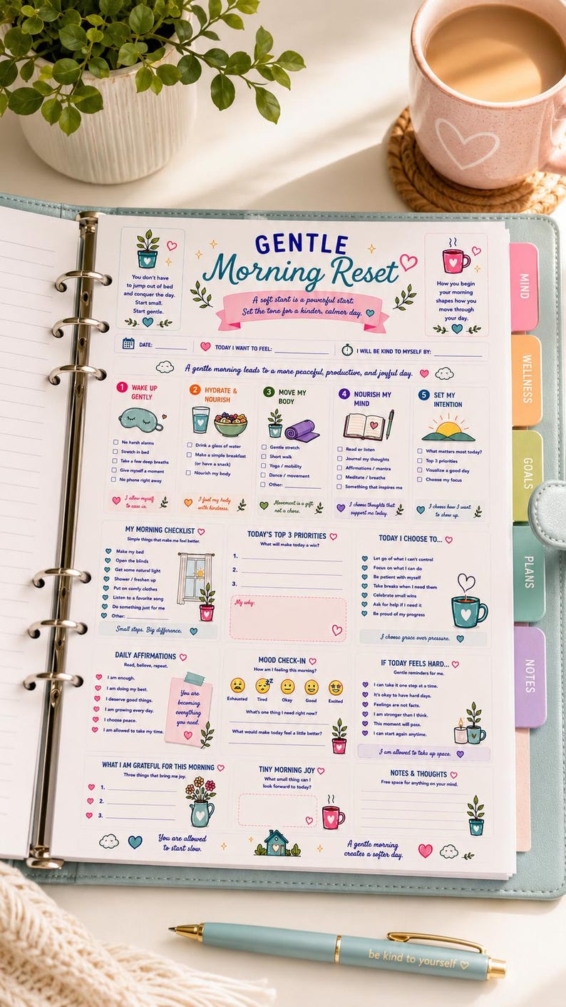 May include: A light blue ring-bound planner open to a page titled Gentle Morning Reset, featuring sections for daily intentions, checklists, affirmations, and mood tracking with colorful icons, text, and tabs for mind, wellness, goals, plans, and notes.