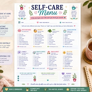 Könnte beinhalten: Eine druckbare Selbstfürsorge-Menü-Checkliste mit Kategorien wie Ruhe, Ernährung, Bewegung und Verbindung. Das Dokument enthält Kontrollkästchen für tägliche Aktivitäten, Abschnitte für persönliche Notizen und farbenfrohe Symbole auf weißem Grund.