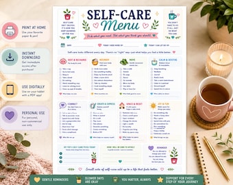 Self Care Menu Printable | Burnout, Anxiety, Overwhelm Checklist (Digital Download)