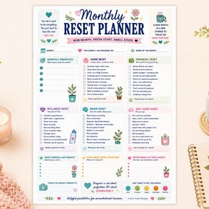 May include: A Monthly Reset Planner printable sheet with sections for priorities, home, financial, wellness, brain, and self-care resets. The white paper features blue, pink, and green text and icons, including checklists and goal-setting prompts for a fresh start.