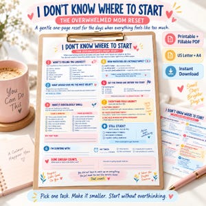 May include: A printable checklist titled I Don't Know Where To Start: The Overwhelmed Mom Reset, featuring six numbered steps for task management, checkboxes, and motivational text, displayed on a clipboard with a pink mug and pen nearby.