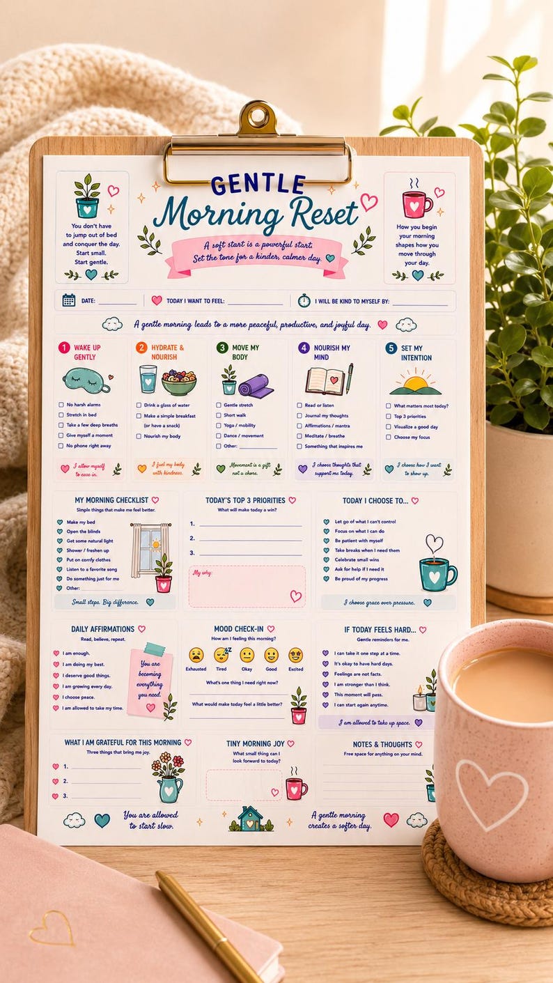 May include: A wooden clipboard holding a printed Gentle Morning Reset checklist with colorful icons, text, and checkboxes. The document includes sections for daily intentions, morning routines, priorities, affirmations, and mood tracking.
