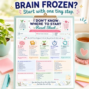 Puede incluir: Un portapapeles azul claro que sostiene una hoja impresa 'I Don't Know Where To Start Reset Sheet' con ilustraciones en tonos pastel, casillas de verificación y guías de organización mental, incluyendo textos como 'Brain Frozen?' y 'Start with one tiny step.'