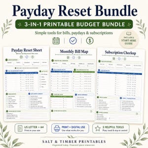 K&ouml;nnte beinhalten: Ein 3-in-1 druckbares Budget-Paket mit dem Titel Payday Reset Bundle, bestehend aus einem Payday Reset Sheet, einer Monthly Bill Map und einem Subscription Checkup. Diese wei&szlig;en Bl&auml;tter enthalten blauen und gr&uuml;nen Text, Tabellen und Kontrollk&auml;stchen zur Nachverfolgung von Rechnungen, Zahltagen und Abonnements, inklusive eines Startleitfadens.