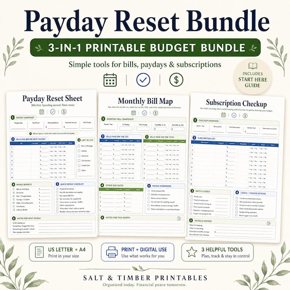 Payday Reset Budget Planner Bundle | Monthly Bill Map, Subscription Tracker, Printable Finance Worksheets