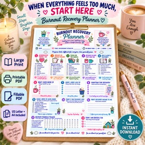May include: A Burnout Recovery Planner on a clipboard with thirteen sections for tracking daily wellness, energy levels, and gratitude. The planner features pastel illustrations, checkboxes, and prompts. A pink pen, a candle, and stacked books are nearby.