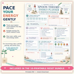 May include: A Coastal Calm Spoon Theory Energy Planner printable PDF featuring a lighthouse, seagull, and seashell illustrations. The document includes sections for tracking spoon counts, energy budgets, priorities, rest plans, and daily check-ins.