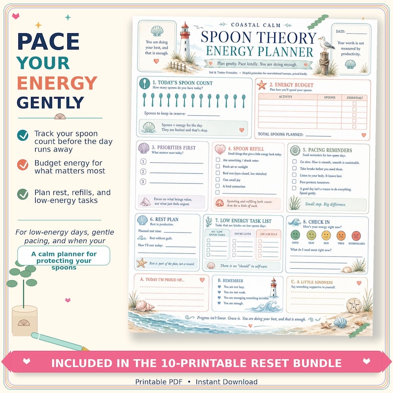 May include: A Coastal Calm Spoon Theory Energy Planner printable PDF featuring a lighthouse, seagull, and seashell illustrations. The document includes sections for tracking spoon counts, energy budgets, priorities, rest plans, and daily check-ins.