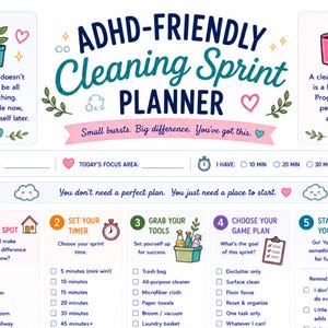 May include: A white ADHD-Friendly Cleaning Sprint Planner sheet with blue and pink text. It features five numbered steps for cleaning, including checkboxes for focus areas, time increments, tools, and goals, decorated with small plant and mug icons.