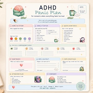 May include: A rectangular ADHD Panic Plan worksheet featuring pastel illustrations of a brain in a blanket and a coffee mug. The document includes sections for grounding techniques, a 5-4-3-2-1 check, kind words, and an aftercare plan with text prompts.
