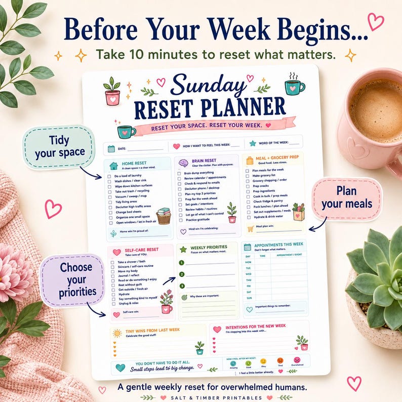 May include: A Sunday Reset Planner printable sheet featuring sections for home, brain, and meal prep tasks. The white paper includes colorful icons, checkboxes, and text prompts like Before Your Week Begins and Reset Your Space. Reset Your Week.