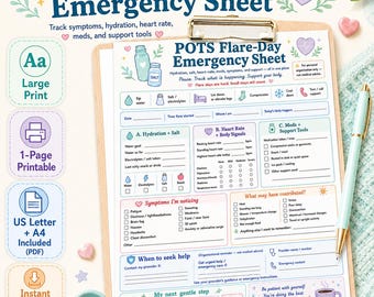 POTS Flare-Day Emergency Sheet: Hydration, Heart Rate, Symptom Tracker (PDF)