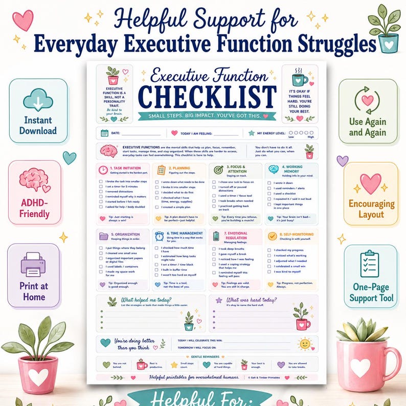 Executive Function Checklist Printable, ADHD Daily Support Worksheet, Focus Planning Organization and Emotional Regulation image 7