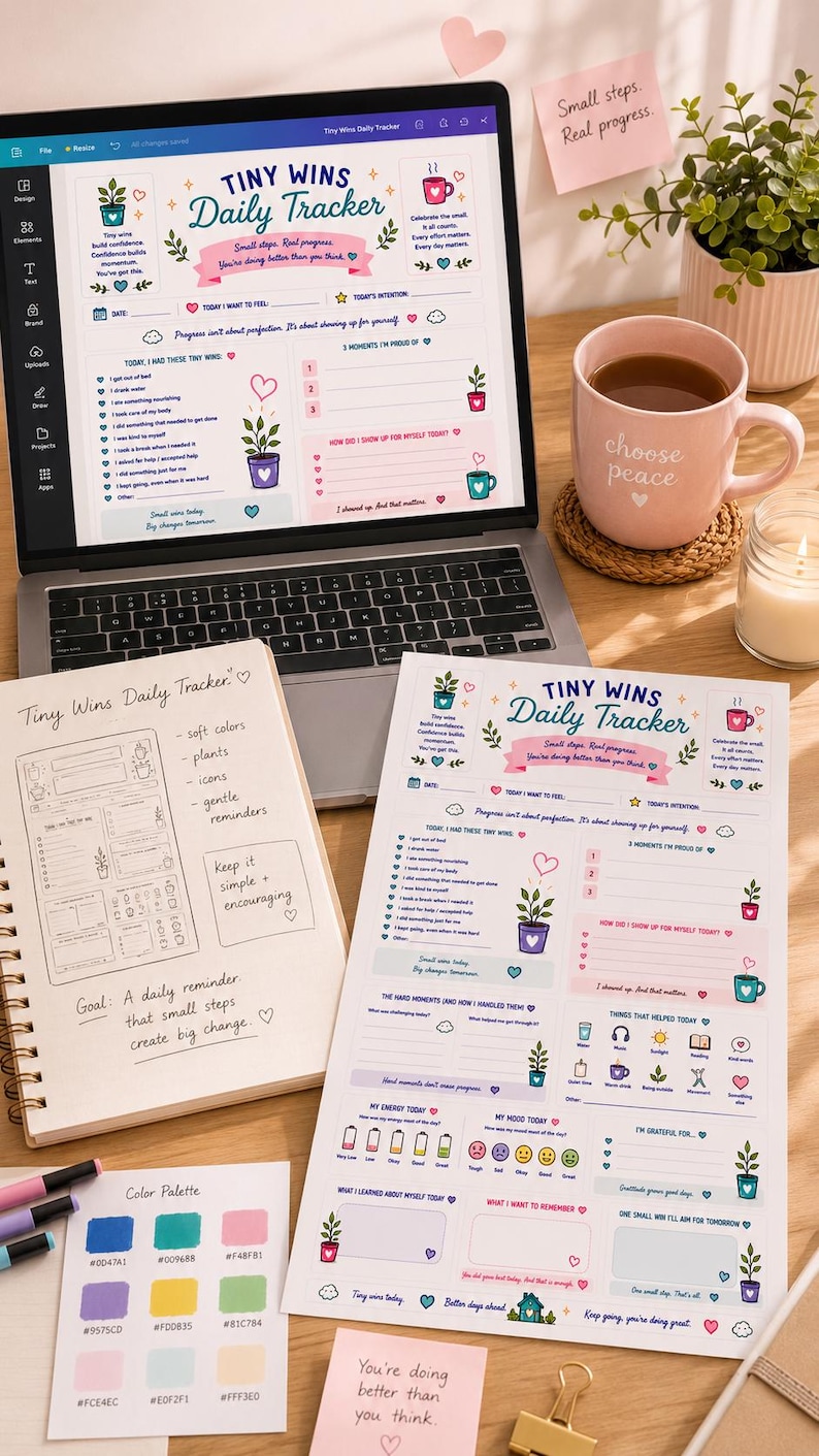 May include: A laptop displaying a Tiny Wins Daily Tracker digital template, a spiral-bound notebook with handwritten notes, a printed tracker sheet, a color palette card, a pink mug with the text choose peace, and sticky notes with motivational text.