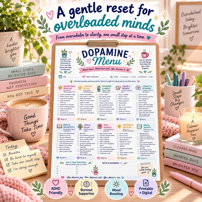 Dopamine Menu | ADHD Planner | Fillable PDF + Printable | Low Motivation Boost Tool image 7