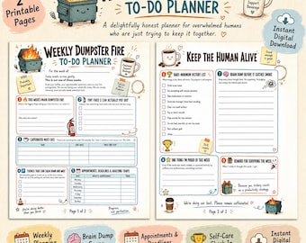 May include: A two-page Weekly Dumpster Fire To-Do Planner digital download. The pages feature illustrations of a dumpster fire, a coffee mug labeled Emotional Support Beverage, and sections for tasks, appointments, and self-care checklists.
