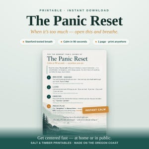 Może przedstawiać: Dokument do druku zatytułowany The Panic Reset zawierający instrukcje uspokojenia się w 90 sekund. Tekst zawiera kroki BREATHE, LAND, GROUND i PRESS PLAY na tle ilustracji przedstawiającej krajobraz z drzewami i górami.