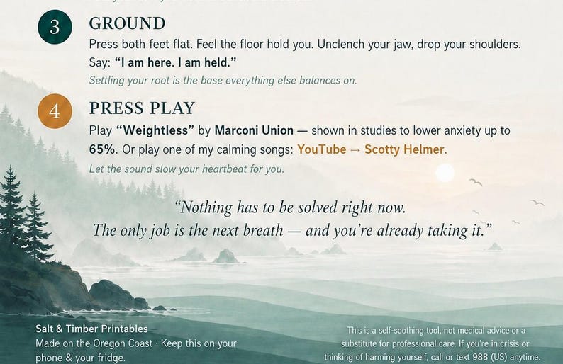 May include: A digital print featuring calming instructions labelled 3 GROUND and 4 PRESS PLAY. It includes text about grounding techniques, playing Weightless by Marconi Union, and the quote: Nothing has to be solved right now. The only job is the next breath.