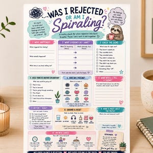 May include: A rectangular mental health worksheet titled Was I Rejected or Am I Spiraling? featuring colorful sections, checkboxes, and prompts for emotional reflection. The design includes a cartoon sloth, various icons, and text to help process feelings.