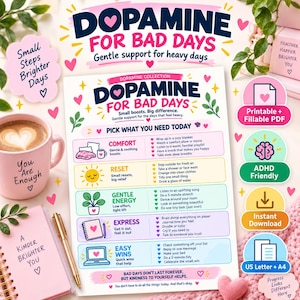 Puede incluir: Una hoja informativa blanca titulada Dopamine For Bad Days con secciones coloridas para comodidad, reinicio, energía suave, expresión y logros fáciles. La hoja incluye texto, iconos y listas de sugerencias de autocuidado.