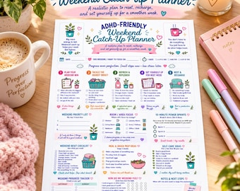Puede incluir: Una hoja de planificación de papel blanco titulada ADHD-Friendly Weekend Catch-Up Planner con ilustraciones coloridas, listas de verificación y secciones para objetivos, preparación de comidas y cuidado personal.