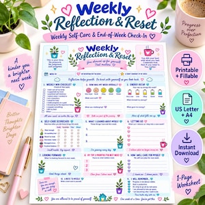 Weekly Reflection Reset Worksheet | Self Care Check In End of Week Reset Printable & Fillable PDF