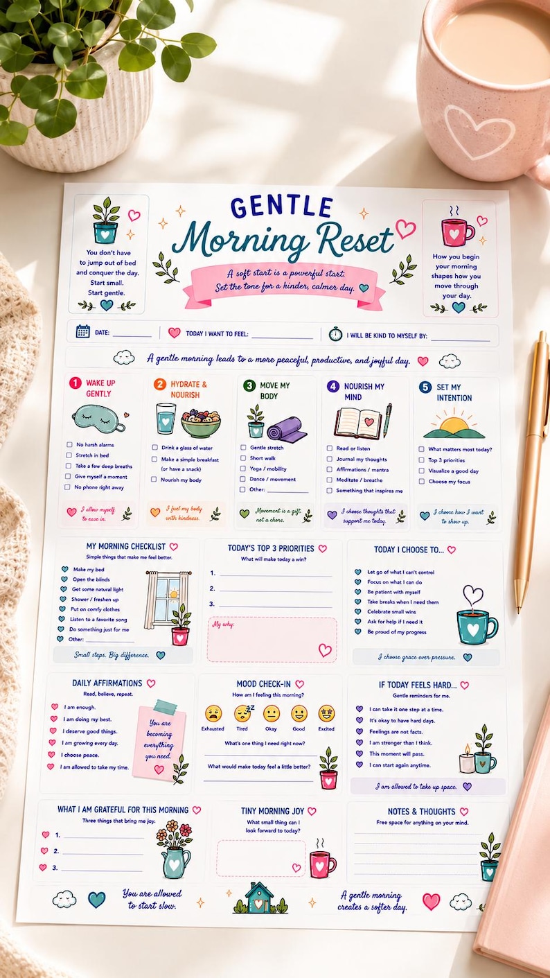 Gentle Morning Reset Printable | Morning Routine Planner | Self Care Worksheet | Wellness Journal (Digital Download) image 5