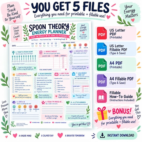 Spoon Theory Energy Planner | Chronic Illness, ADHD & POTS Tracker | Fillable PDF