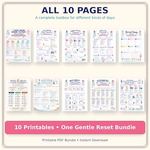 May include: A collection of 10 printable planner pages featuring colourful text and icons. Titles include I Don't Know Where To Start Reset Sheet, Bare Minimum Day Planner, Burnout Recovery Planner, Things I Can Control, Brain Dump Sheet, and more.