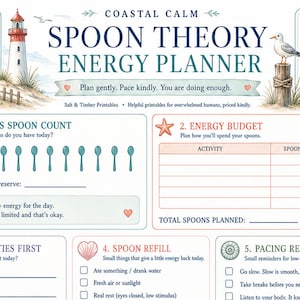 Puede incluir: Una hoja imprimible Coastal Calm Spoon Theory Energy Planner con ilustraciones de un faro, una gaviota y conchas marinas. El dise&ntilde;o incluye secciones para el conteo de cucharas, presupuesto de energ&iacute;a, prioridades, recarga y recordatorios de ritmo diario.
