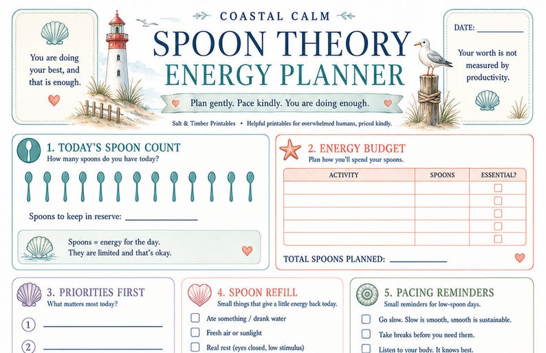 Puede incluir: Una hoja imprimible Coastal Calm Spoon Theory Energy Planner con ilustraciones de un faro, una gaviota y conchas marinas. El dise&ntilde;o incluye secciones para el conteo de cucharas, presupuesto de energ&iacute;a, prioridades, recarga y recordatorios de ritmo diario.