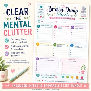 May include: A Brain Dump Sheet printable planner page featuring sections for tasks, reminders, worries, and random thoughts. The document includes a mood tracker, a weekly priority list, and motivational text in blue, pink, and green colours.