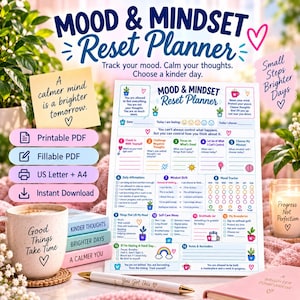 Peut inclure: Un document imprimable Mood & Mindset Reset Planner comprenant 14 sections pour le suivi quotidien, les affirmations et les soins personnels. La page inclut des icônes colorées, des cases à cocher et des invites pour le bien-être.