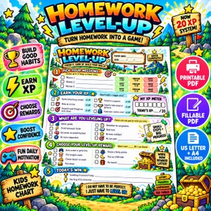 May include: A colorful Homework Level-Up chart featuring a game-themed layout with sections for missions, XP tracking, and rewards. The document includes text such as Pick Your Missions, Earn Your XP, My XP Meter, and Today's Win, set against a vibrant forest background.