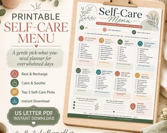 Self-Care Menu Printable | Gentle Wellness Planner for Overwhelmed Days (PDF Download)